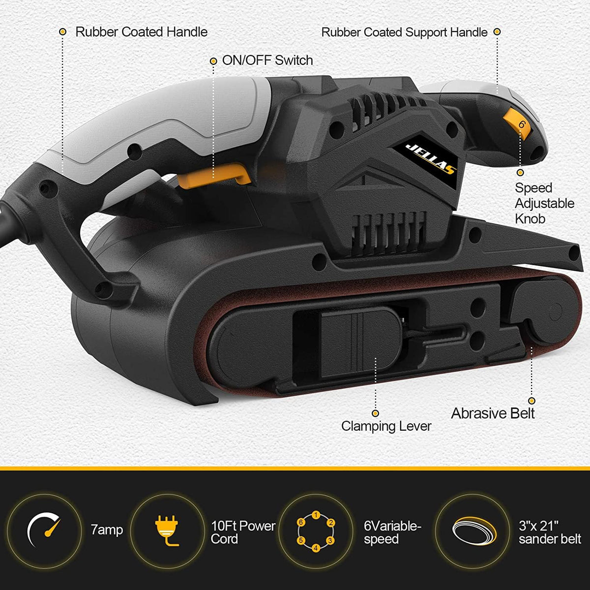 Jellas ergonomic soft grip reduces fatigue during long sanding sessions.