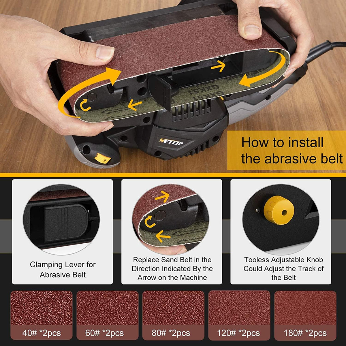 Sanding belts in multiple grits (40-180) support varied finishing tasks.