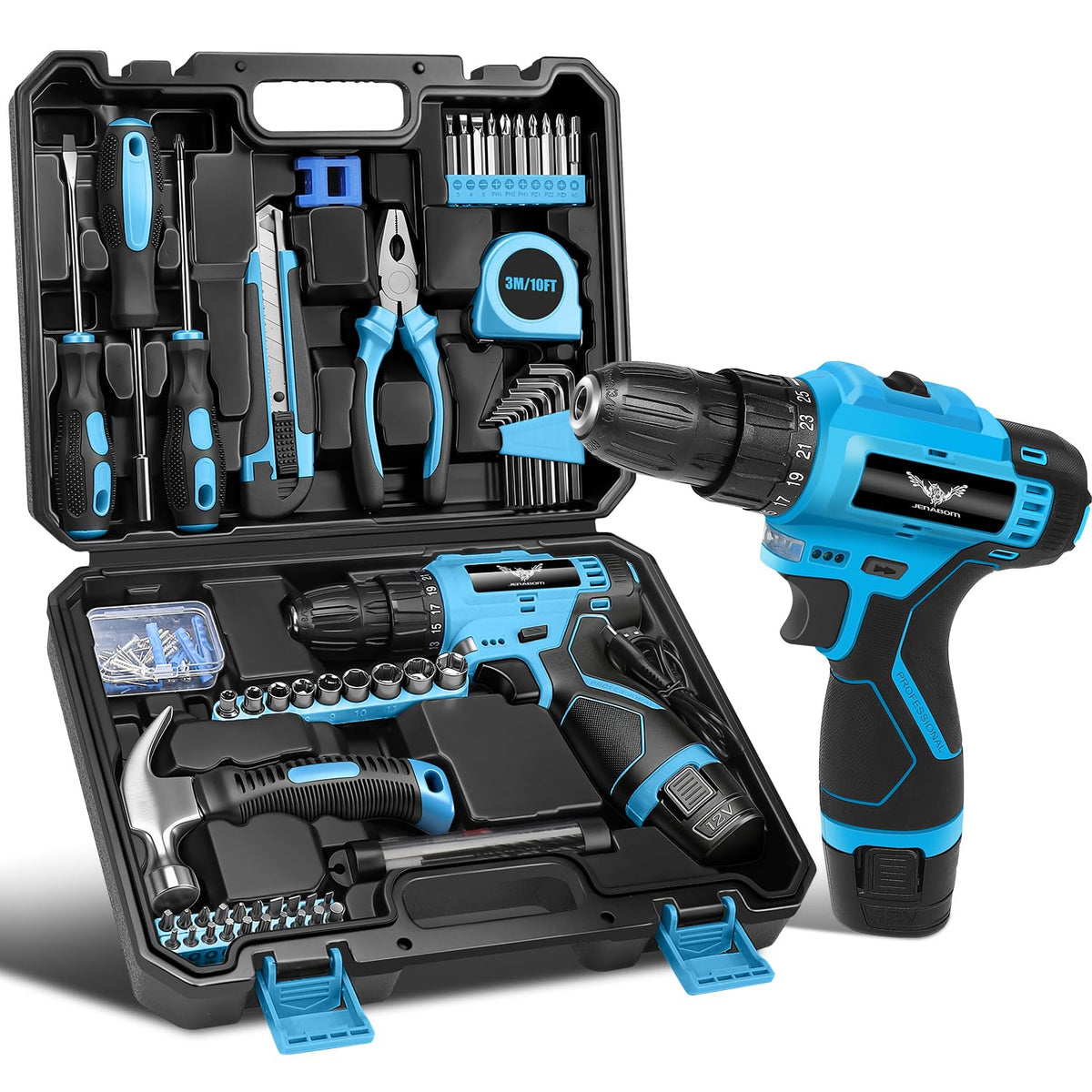 Jenabom 12V cordless drill with LED illuminates tight spaces for precise drilling.