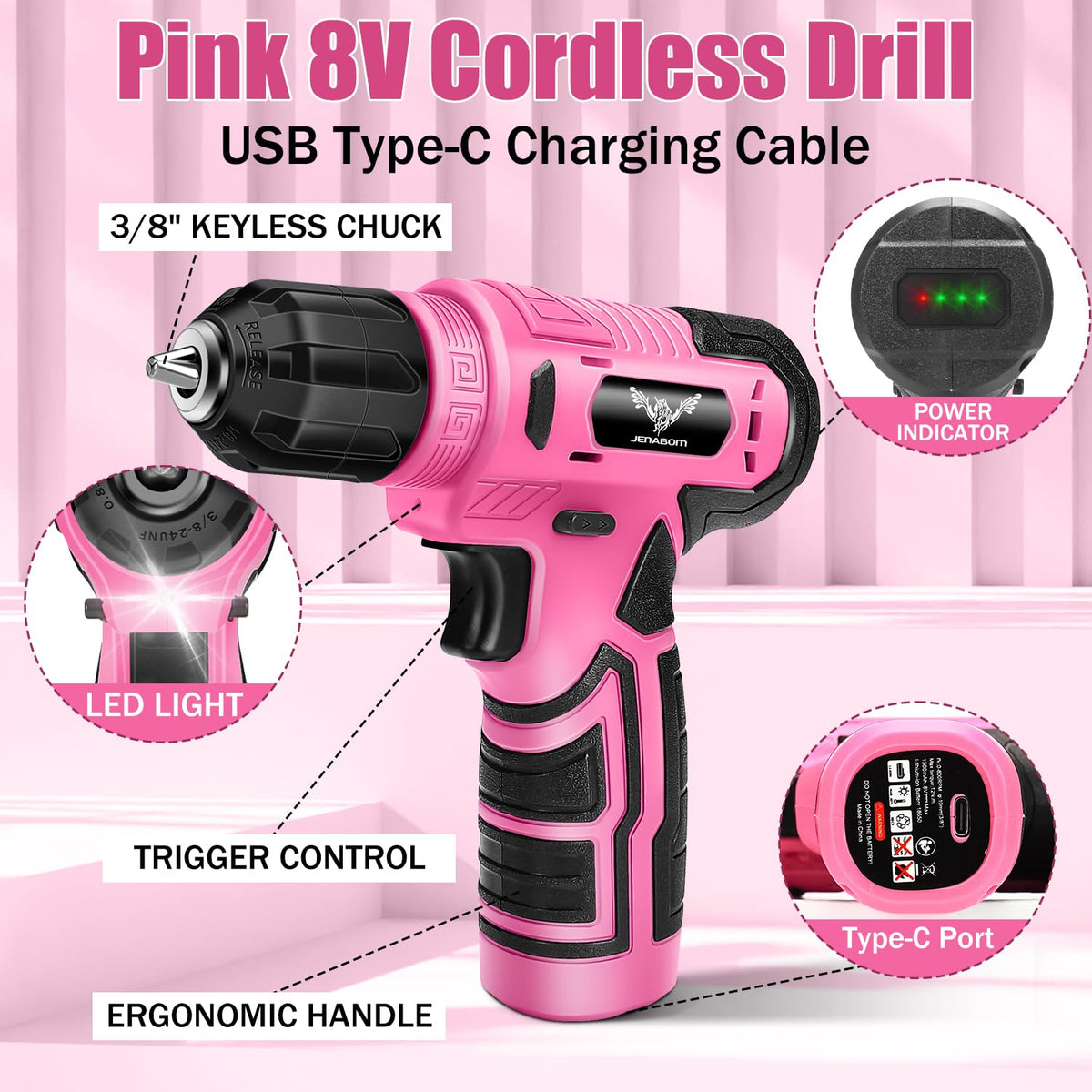 JENABOM drill charging via Type-C cable for easy recharging