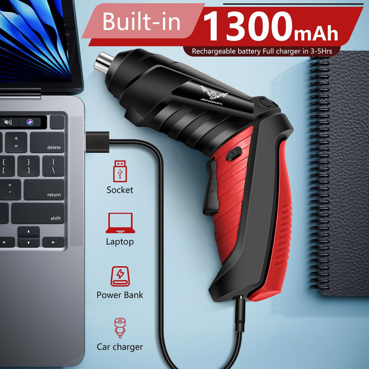 JENABOM screwdriver with 1300 mAh battery for longer handheld use.