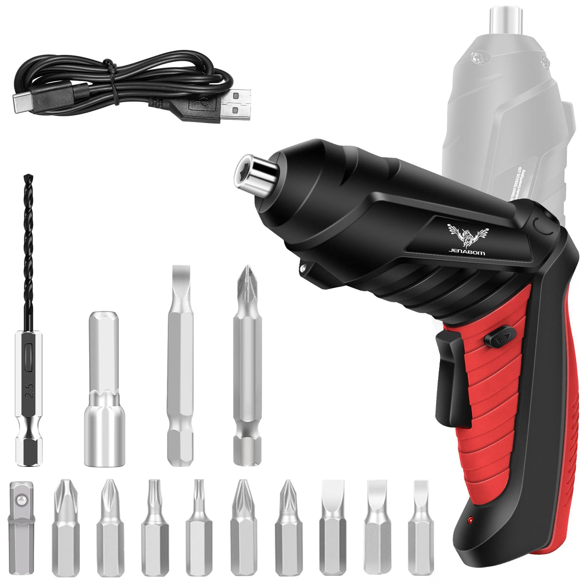 JENABOM electric screwdriver compact design, ideal for quick home repairs in tight spaces.