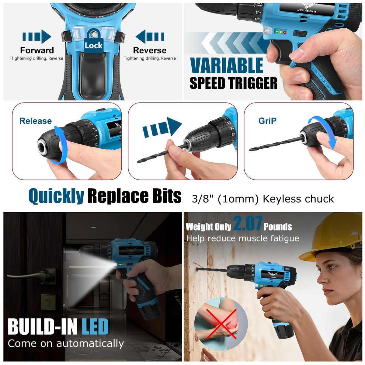 Jenabom ergonomic drill grip enhances comfort during long DIY sessions.