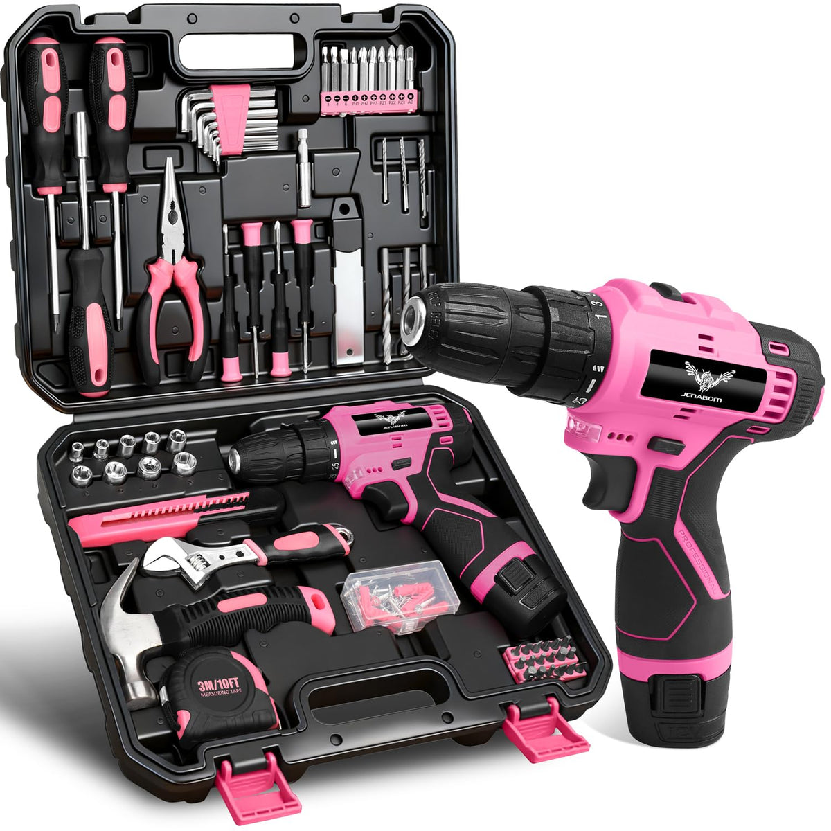 JENABOM pink drill with LED lights up workspace for precise drilling
