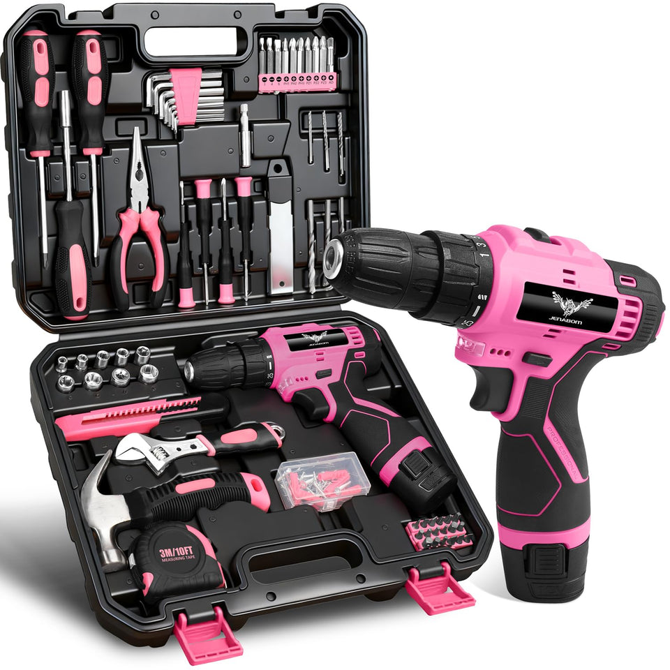 JENABOM pink drill with LED lights up workspace for precise drilling