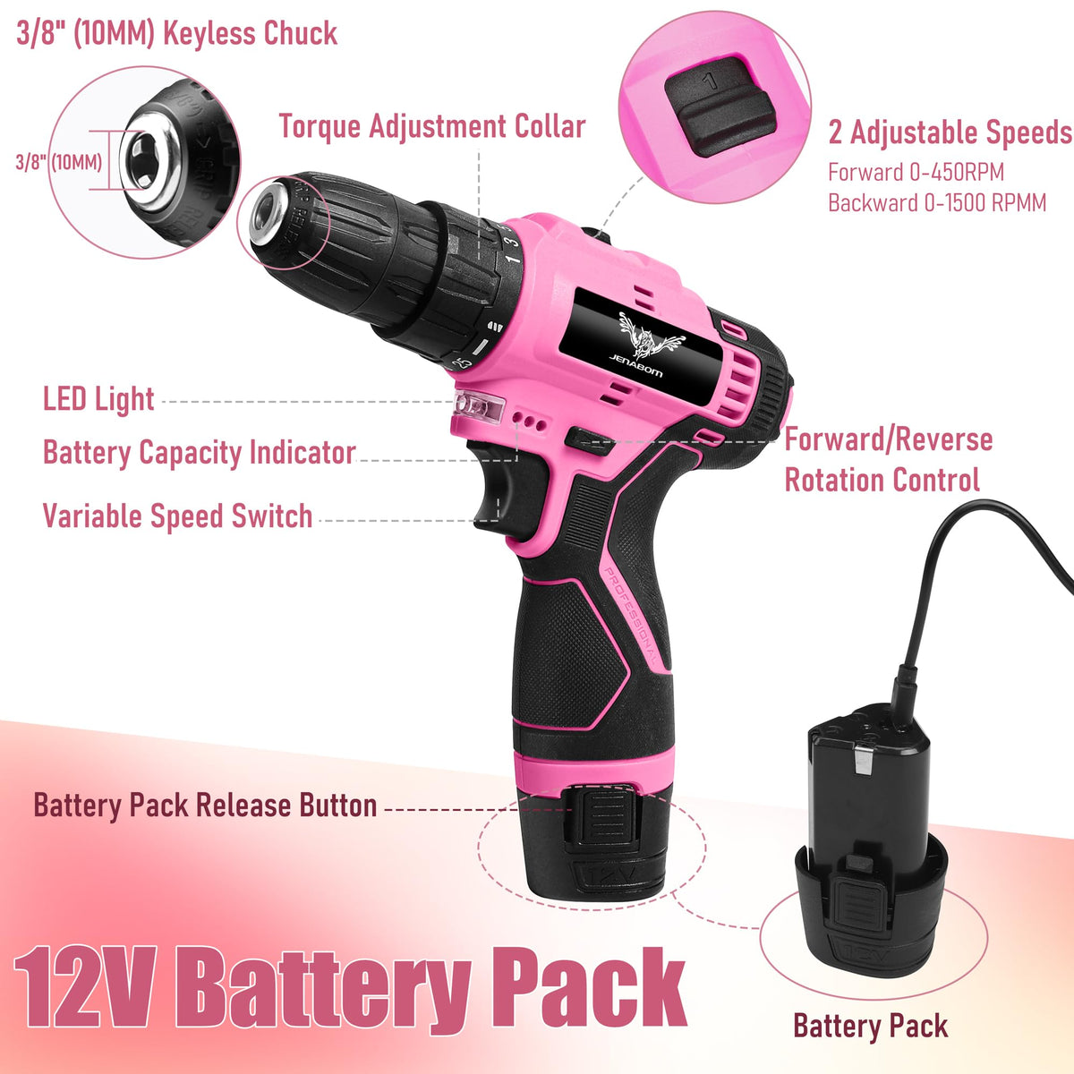JENABOM USB-C charging cable keeps the pink drill ready