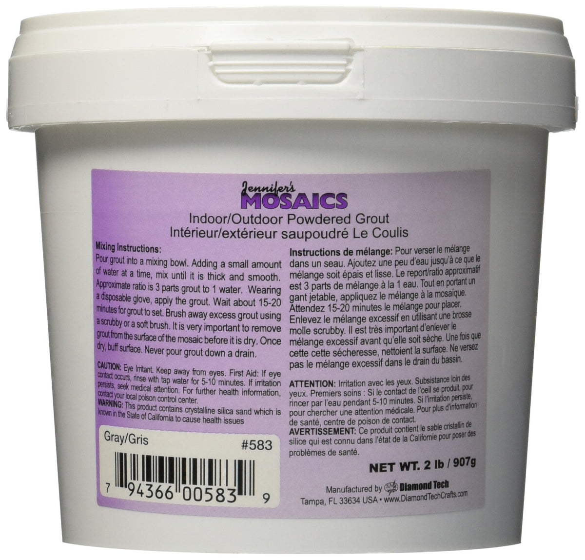 Jennifers Mosaics gray powdered grout container, 2 lb, for durable mosaic joints indoor outdoor use