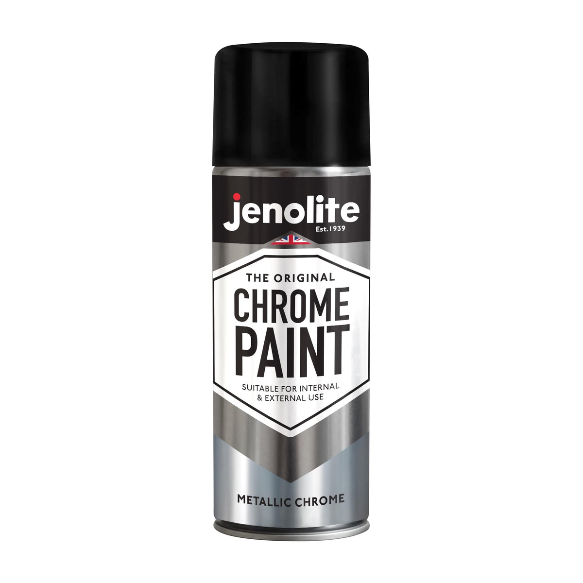 Jenolite Chrome Spray Paint on metal for durable chrome shine.