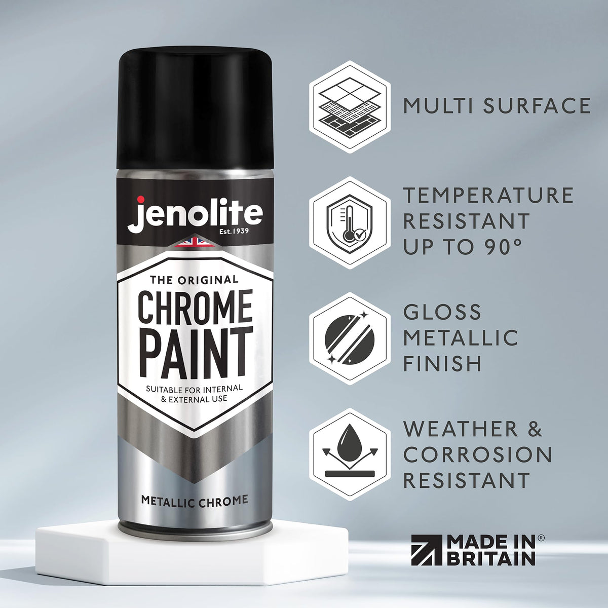 Jenolite Chrome Spray Paint on plastic for glossy chrome finish.