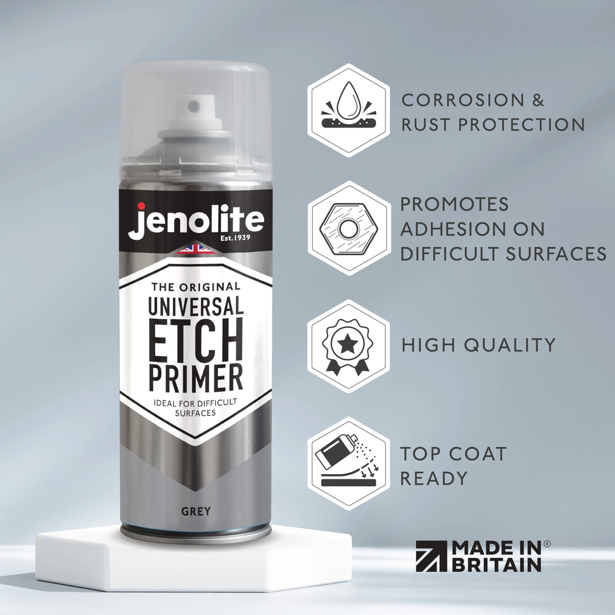 JENOLITE Universal Etch Primer Grey bottle side view showing even coverage on tough metals