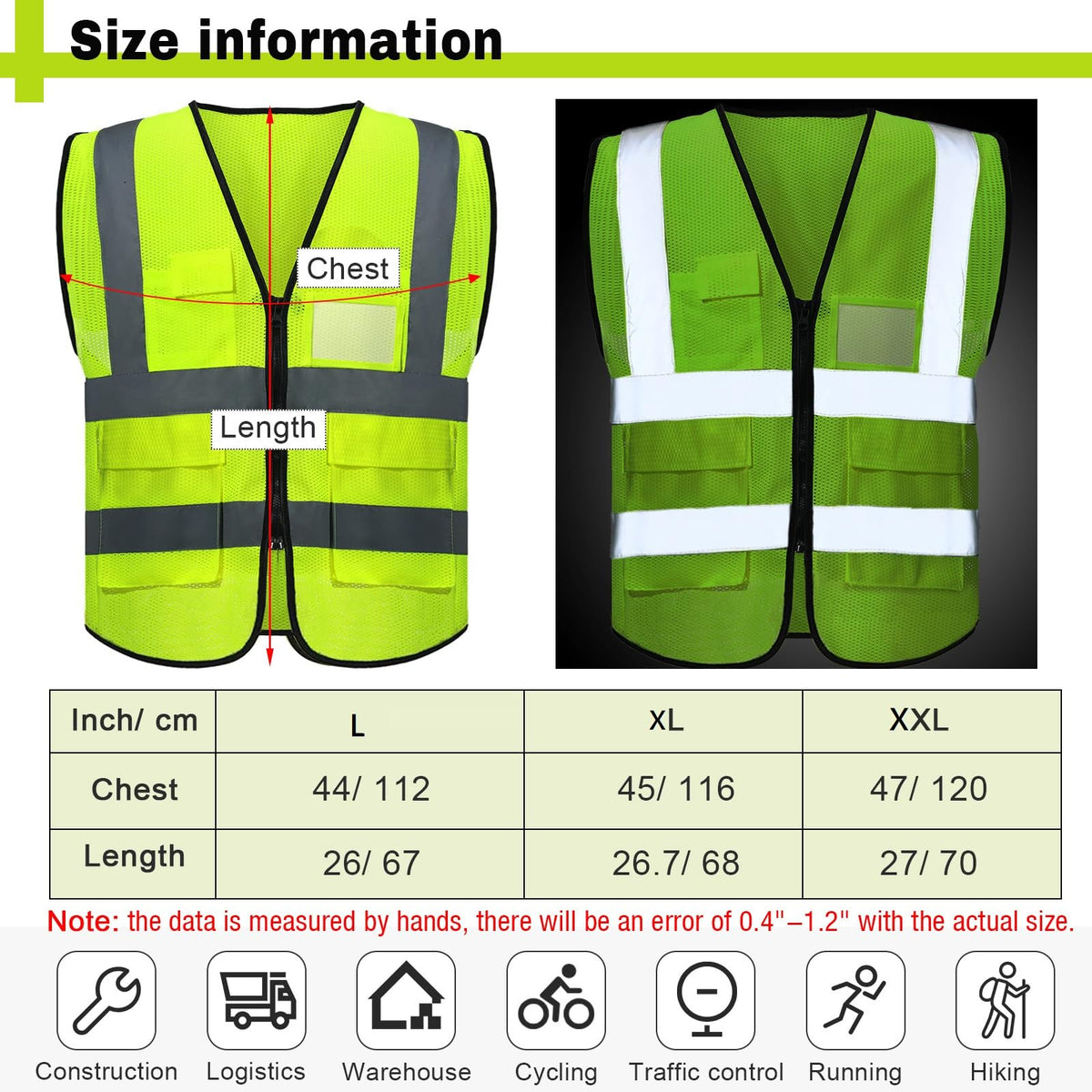 JenPen safety vest back view showing 360-degree reflective coverage for safety.