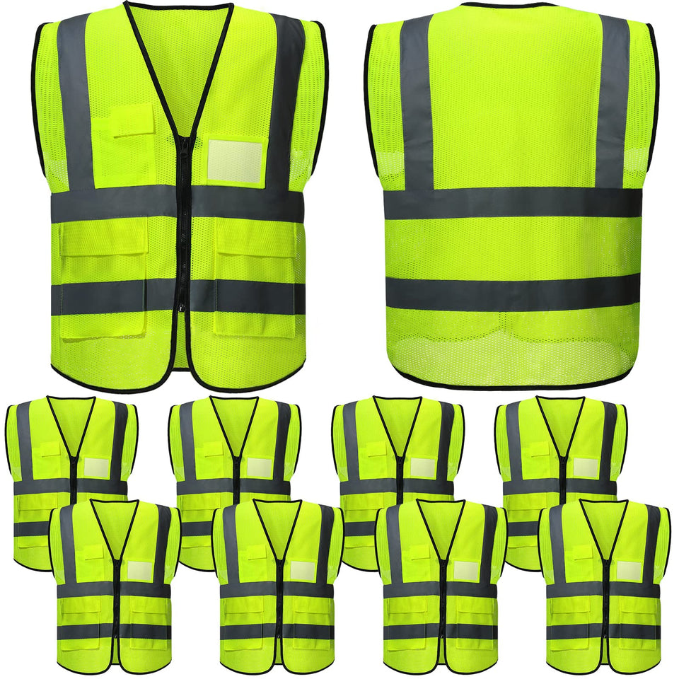 JenPen safety vest front view with reflective panels for daytime and night visibility.