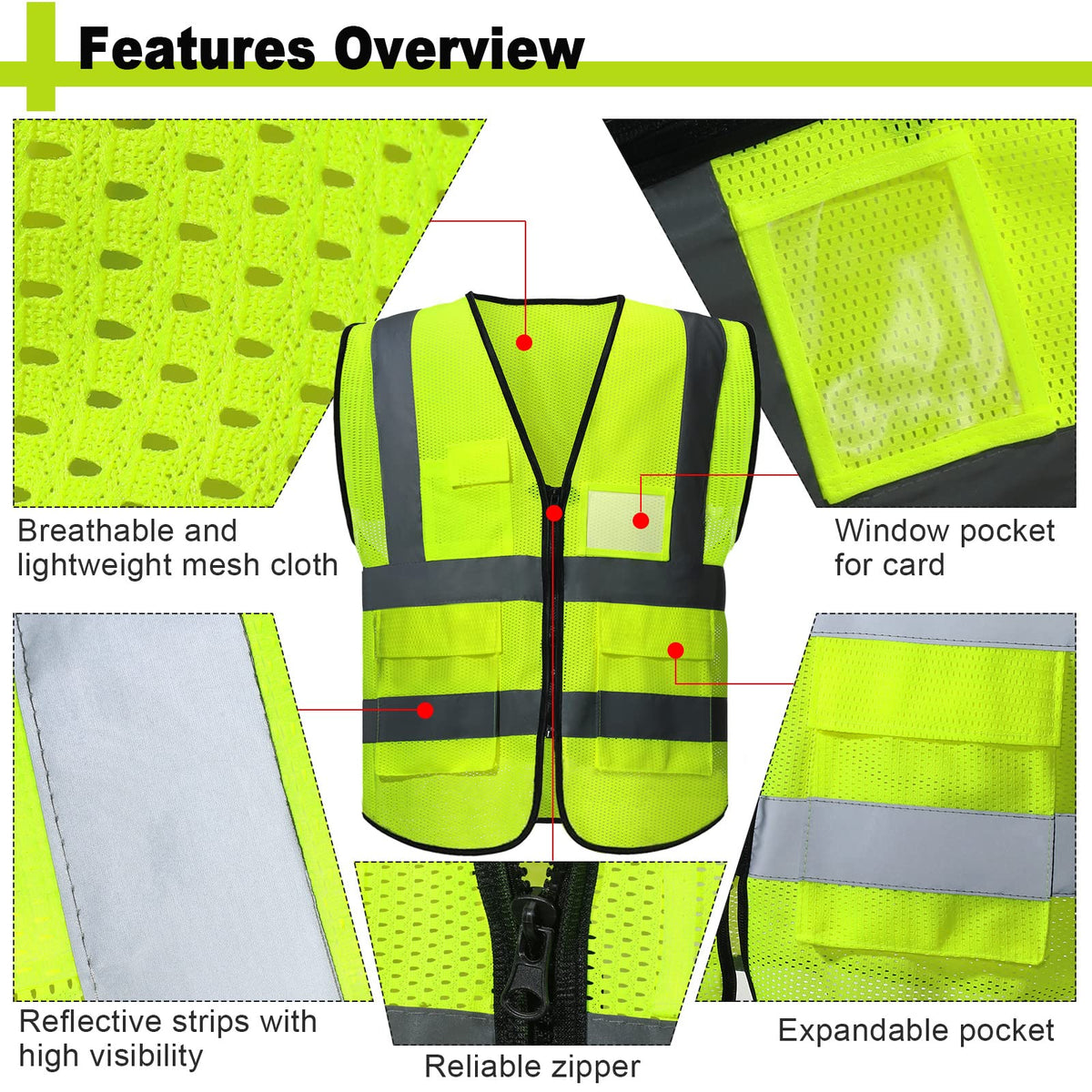 JenPen safety vest pocket close-up highlighting multiple pockets for essentials.