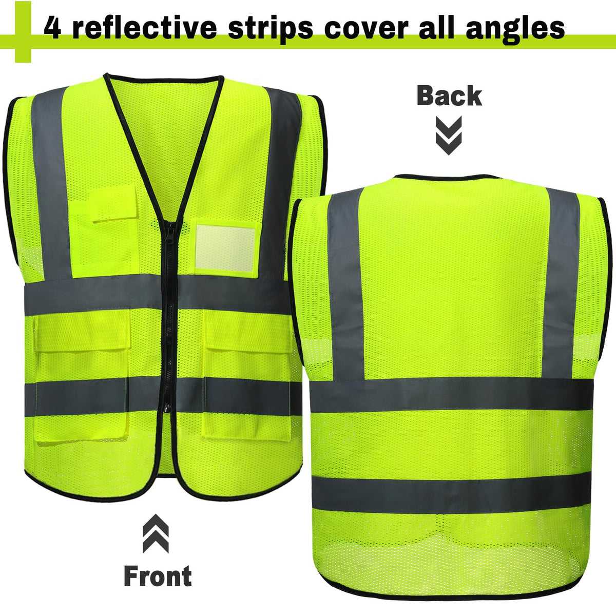JenPen safety vest zipper detail for easy on/off and secure fit.