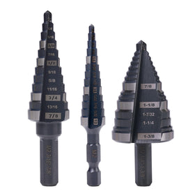 Jerax Tools step drill set overview with multiple sizes for metal and wood