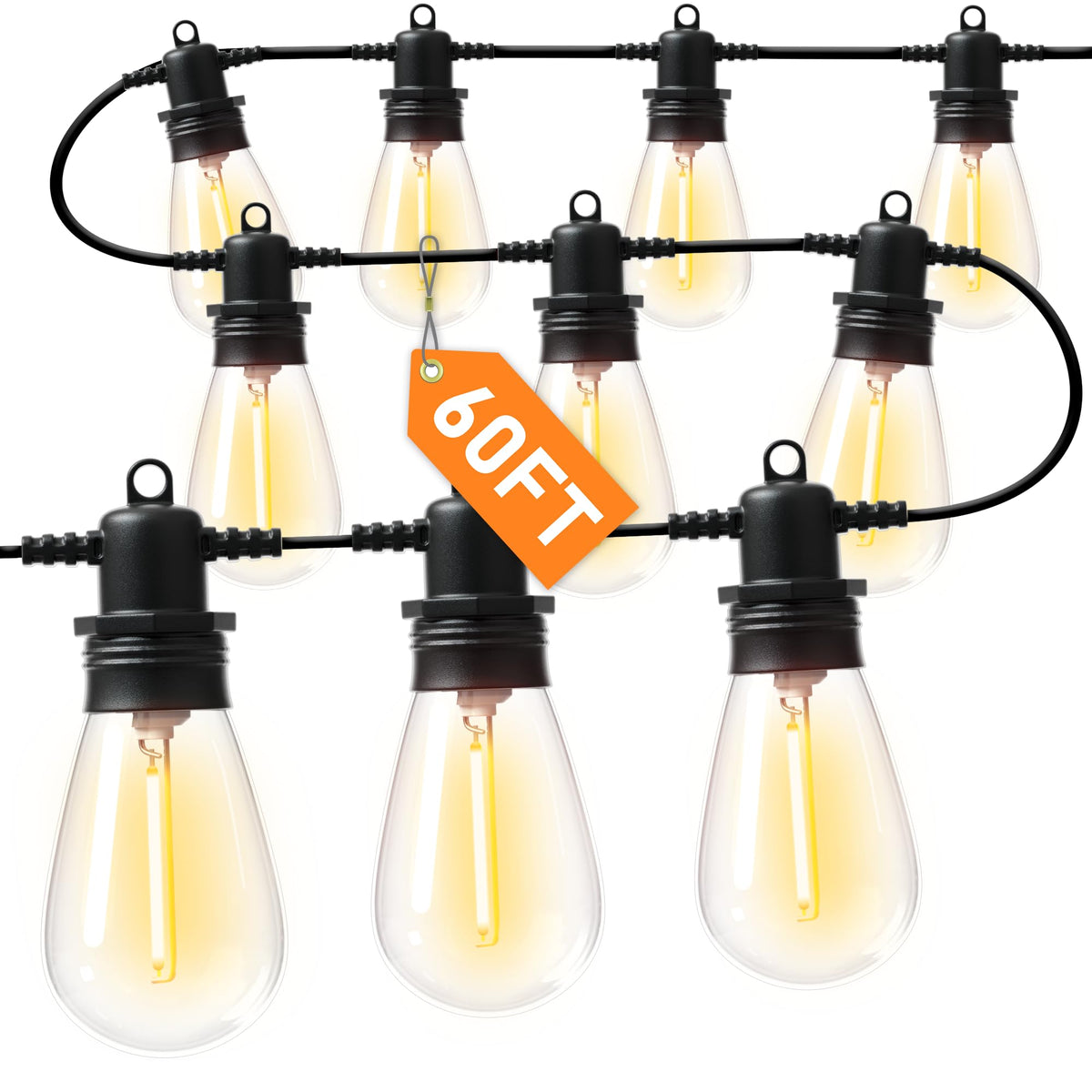 Jerritte 60ft LED outdoor string lights with bulbs for safe decorative outdoor illumination.