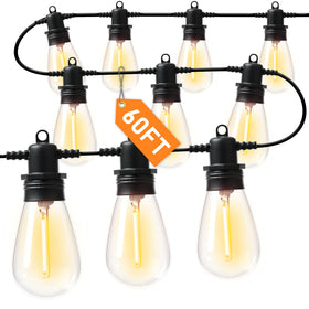 Jerritte 60ft LED outdoor string lights with bulbs for safe decorative outdoor illumination.