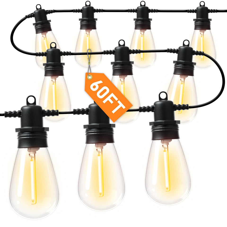 Jerritte 60ft LED outdoor string lights with bulbs for safe decorative outdoor illumination.