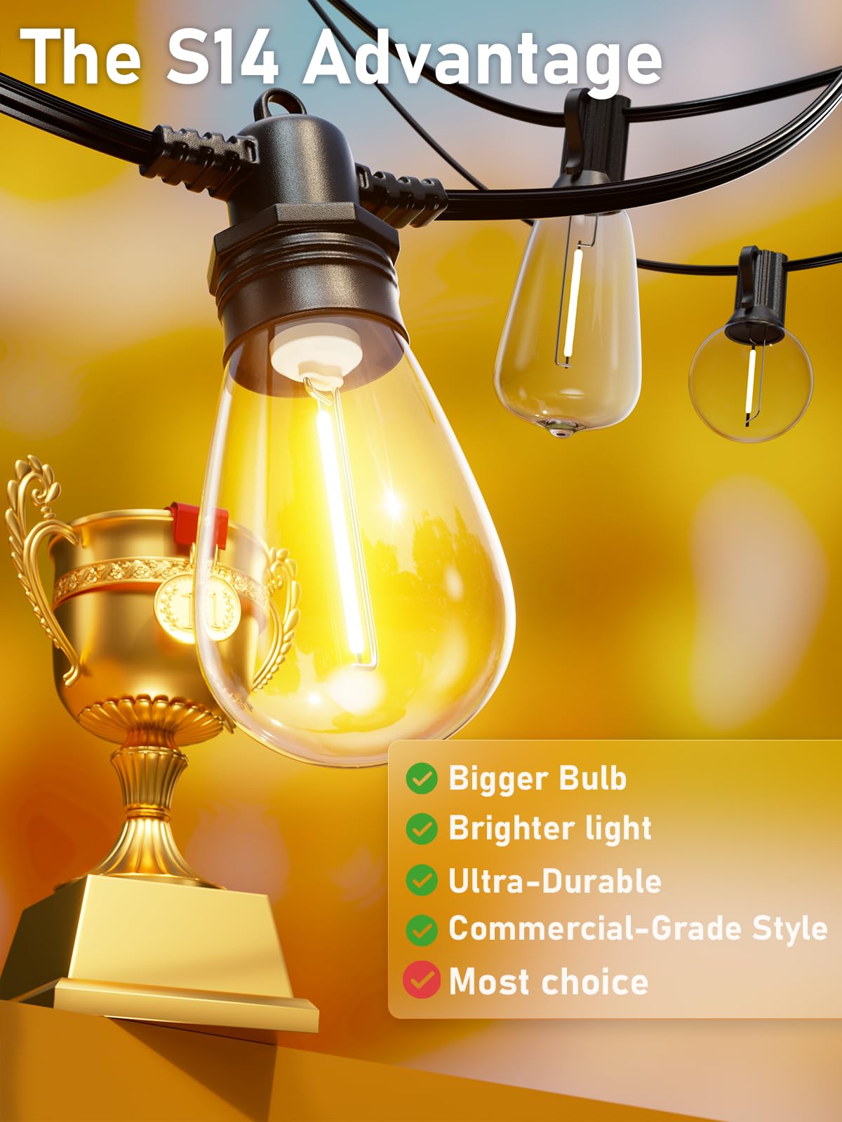 Jerritte shatterproof plastic shades on bulbs ensure durable outdoor use.