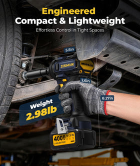 Dual 4.0Ah batteries provide long runtime for tire changes and DIY tasks
