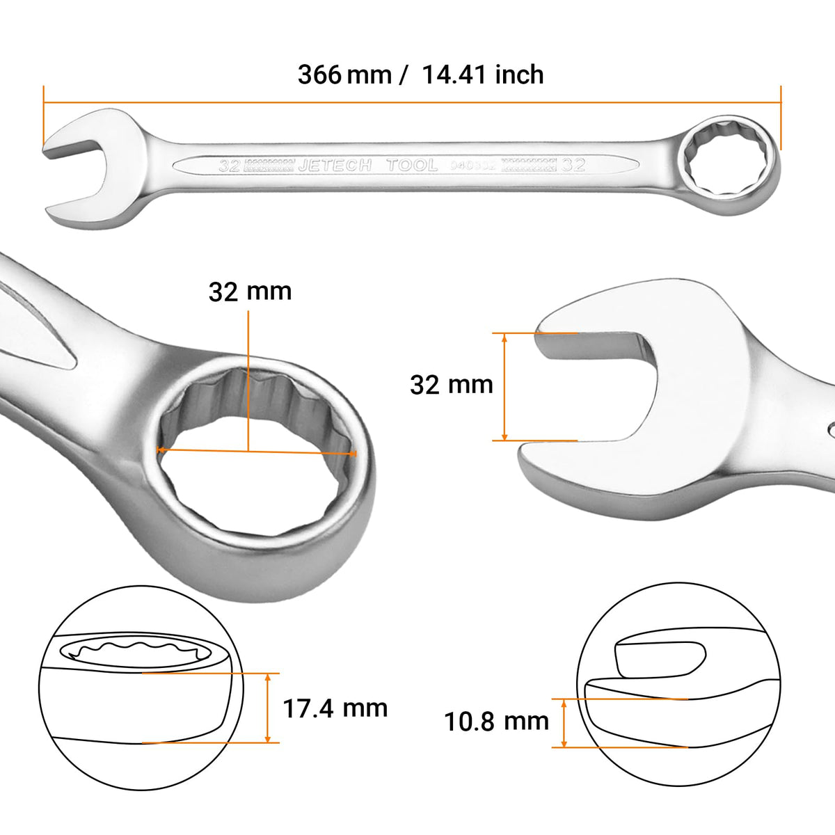 Jetech 32mm wrench showing 12-point box end for precise fastener engagement