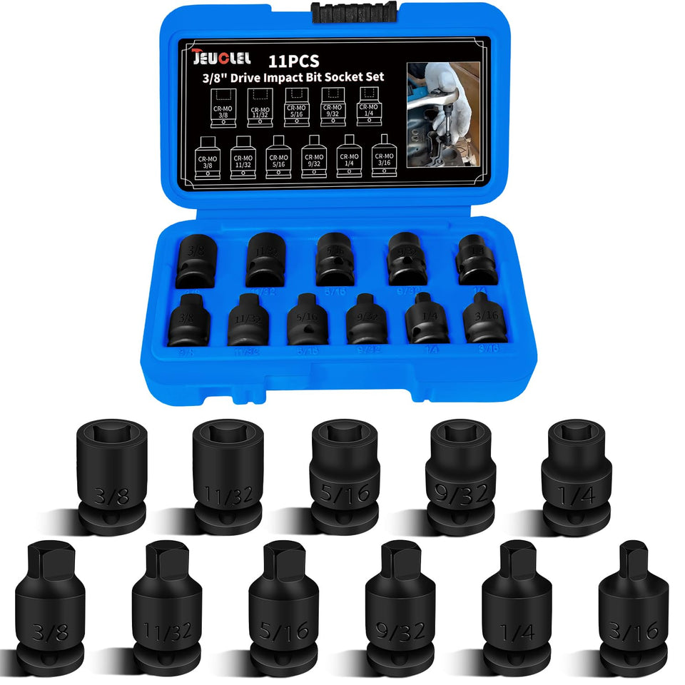 JEUCLEL 11pcs 3/8 drive impact bits set in case for quick access.