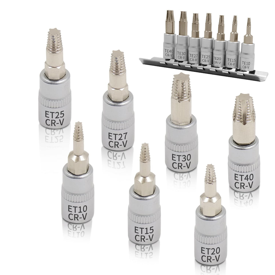 JEUCLEL 7-piece torx socket kit, 1/4-inch drive, T10-T20 bits, efficient damaged-fastener removal.