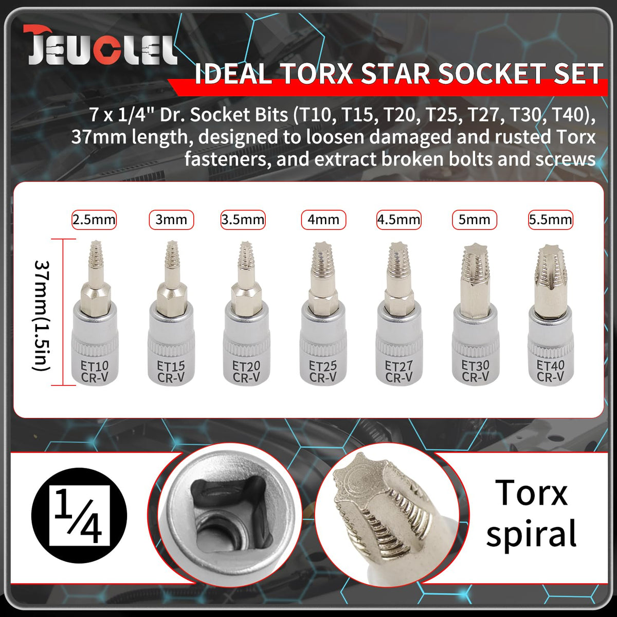JEUCLEL torx socket set with T25-T40 bits for stubborn bolts.