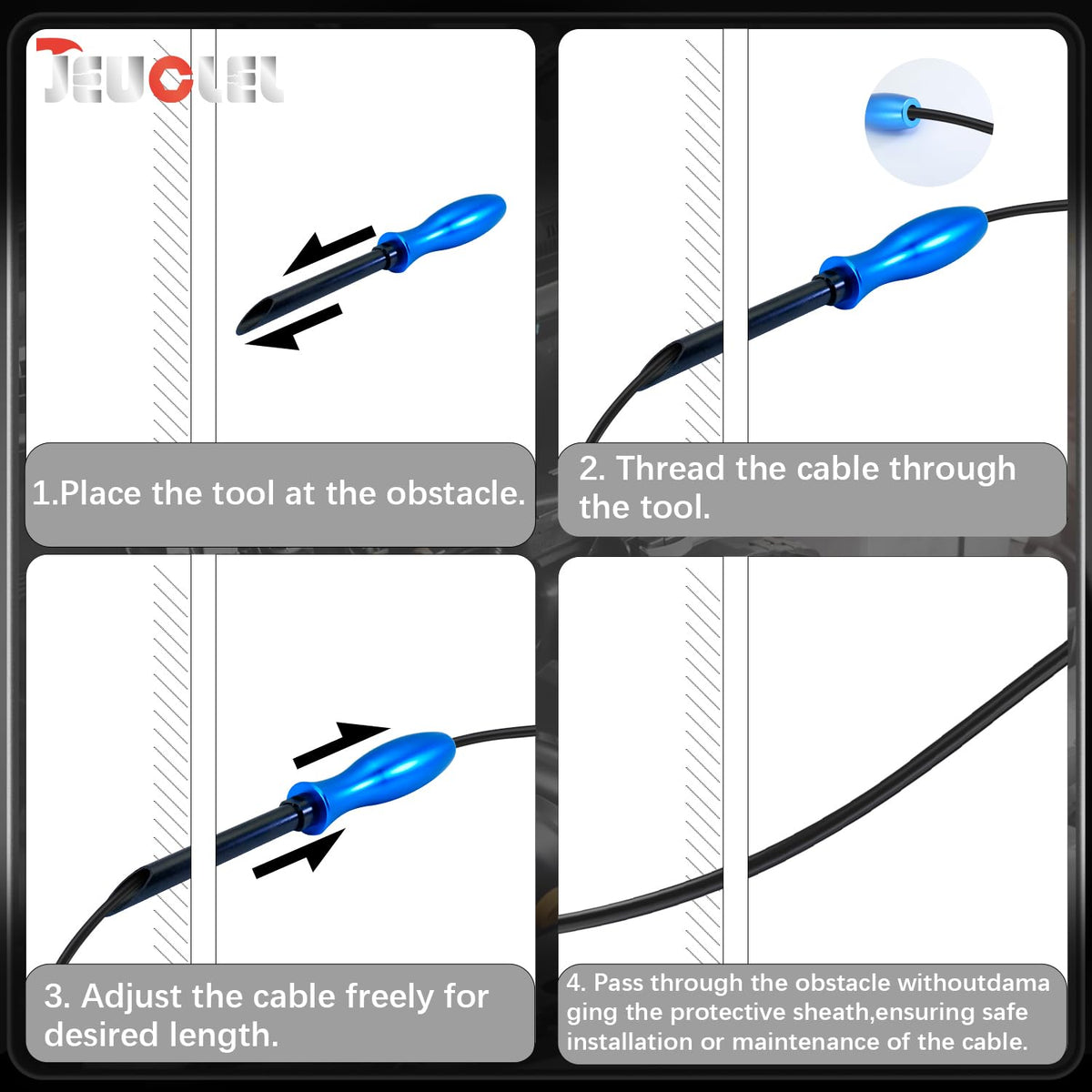 JEUCLEL automotive wiring installation tool guiding wires through dashboard routing