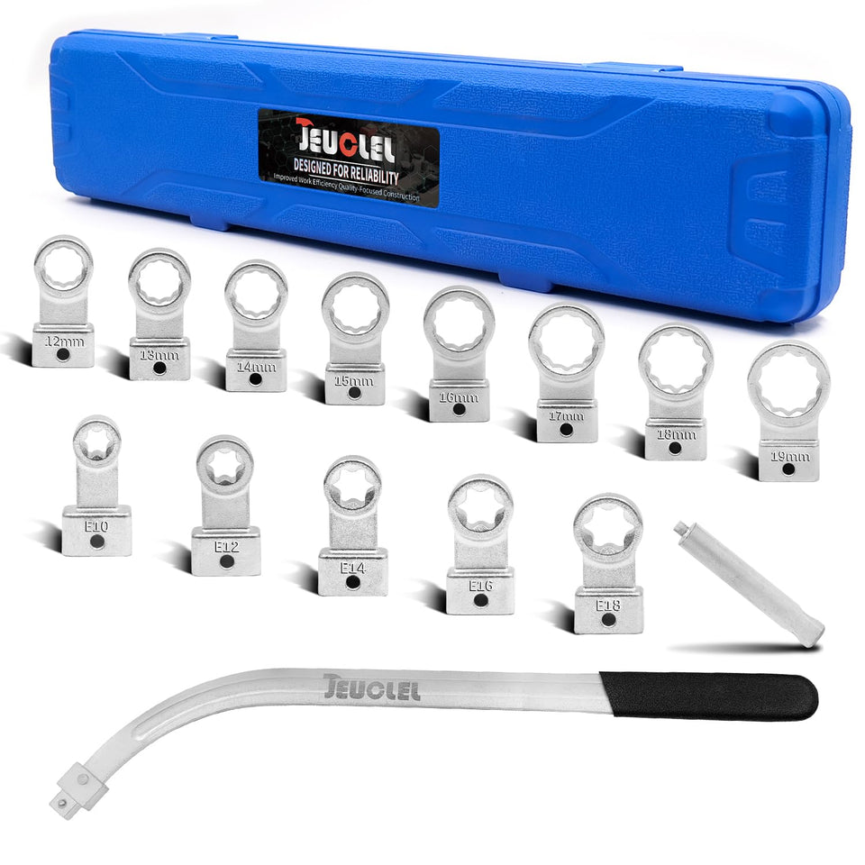 JEUCLEL belt tensioner tool with long curved wrench for tight engine space