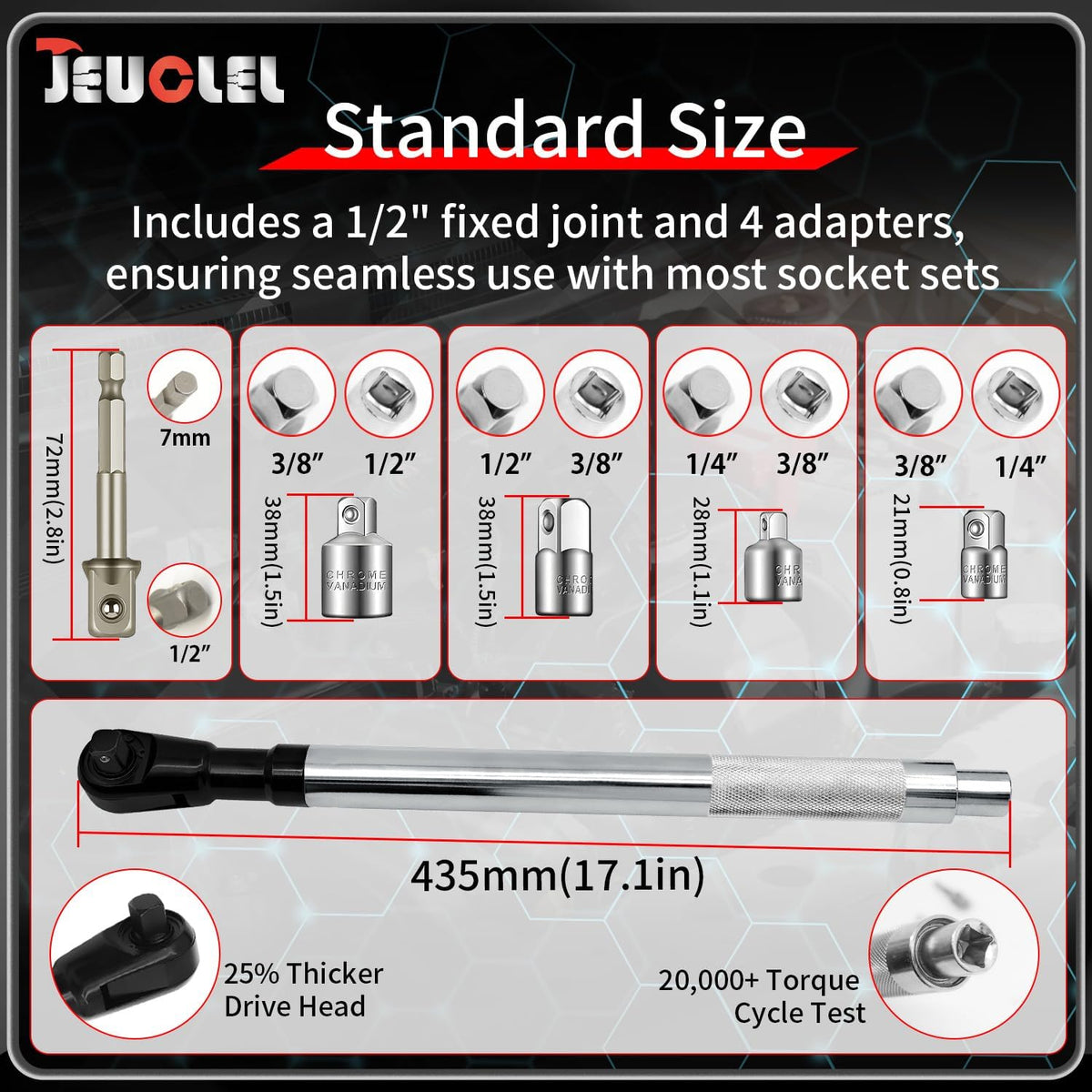 JEUCLEL offset extension wrench adapters set enables broad socket compatibility
