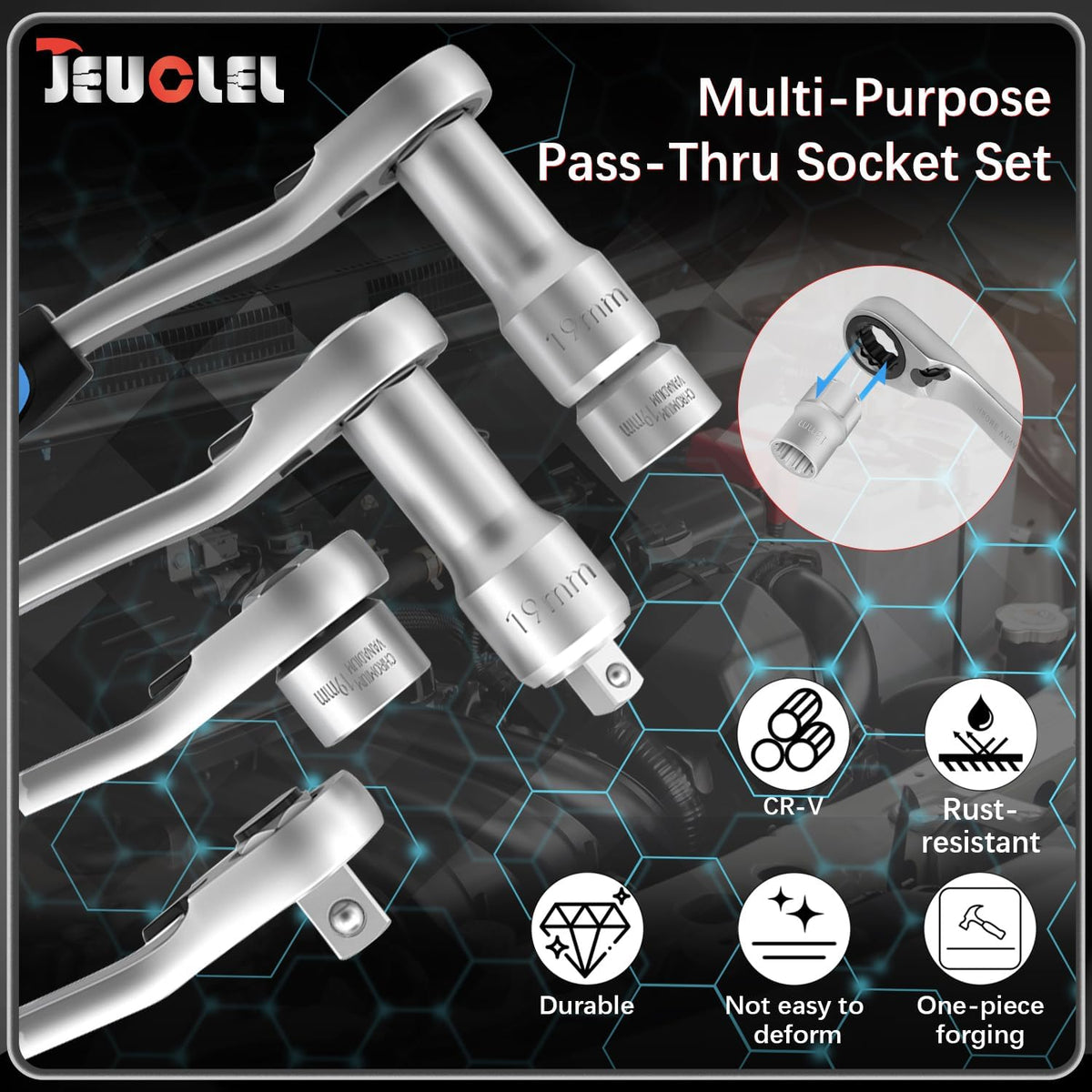 JEUCLEL reversing ratchet 19mm aids smooth removal.