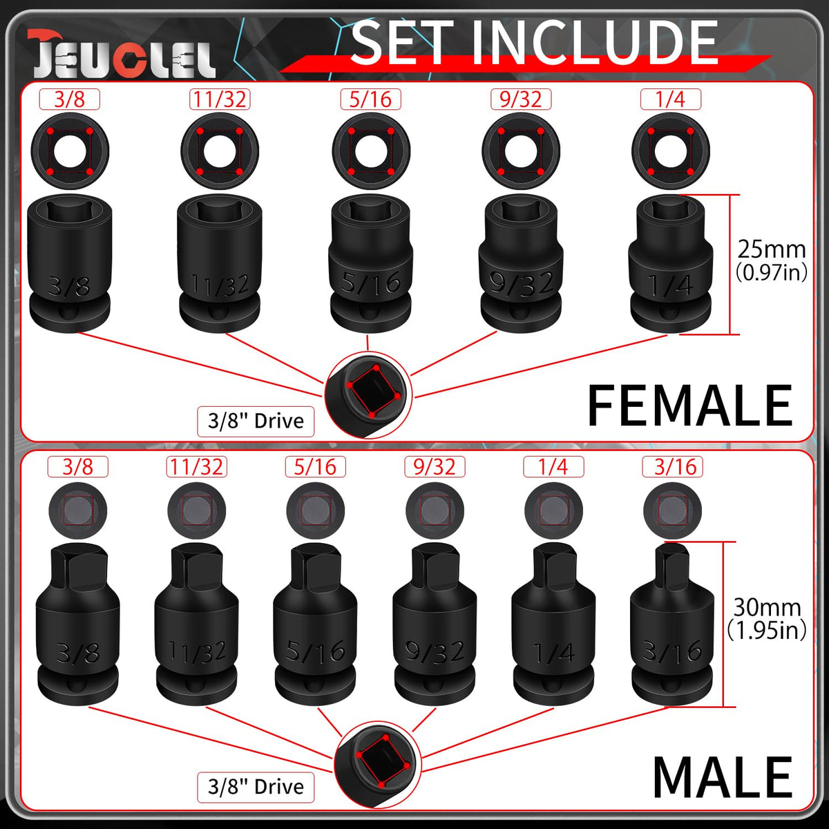 JEUCLEL tapered male square drive enables fast alignment with fasteners.