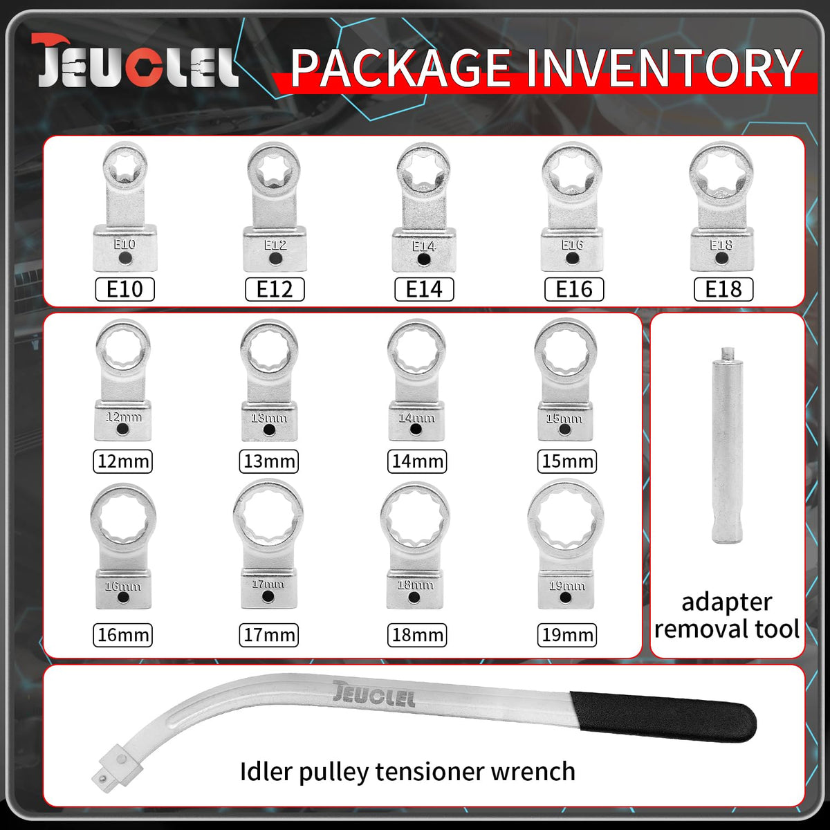 JEUCLEL Torx adapters E10 to E18 for broad compatibility across models