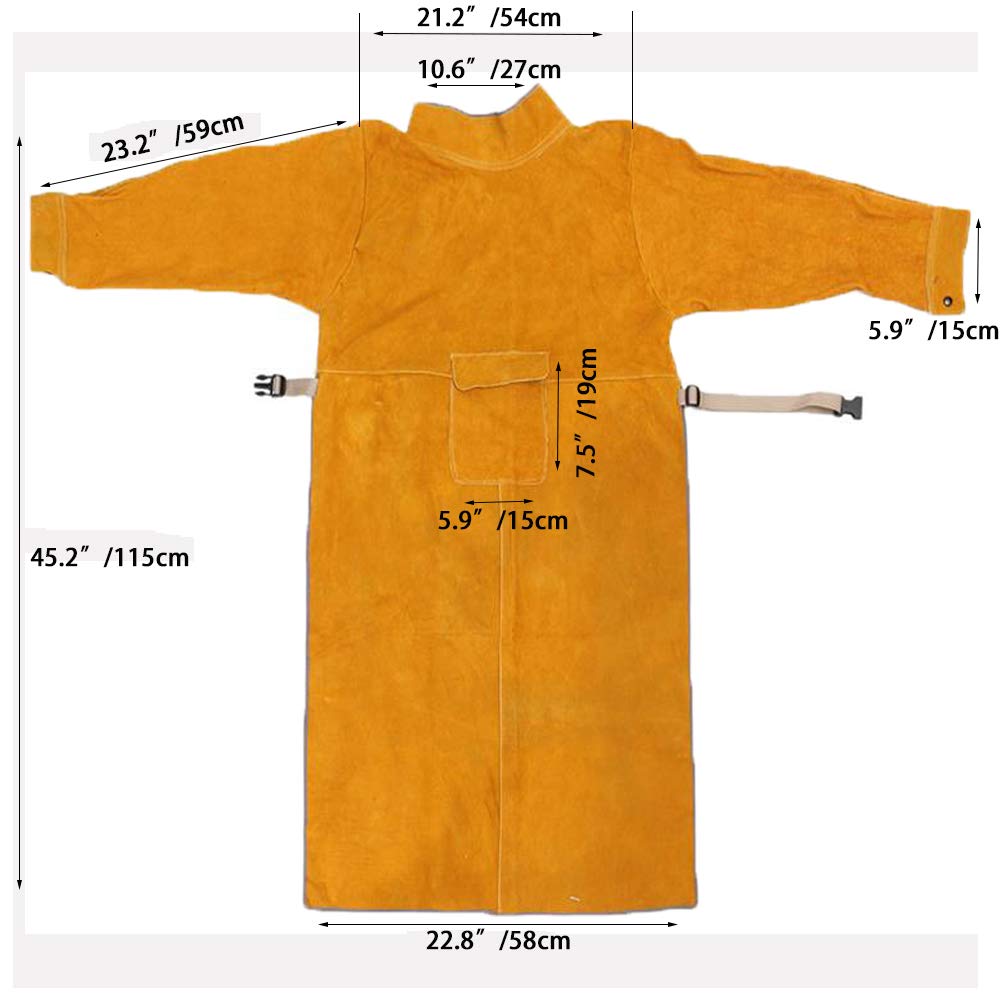 Jewboer leather welding apron sleeves back view shows secure belt and fit.