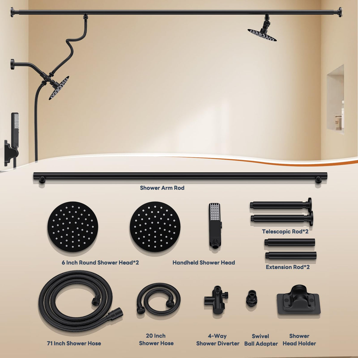 JFJIARUI two-heads shower system covers broad areas for two.