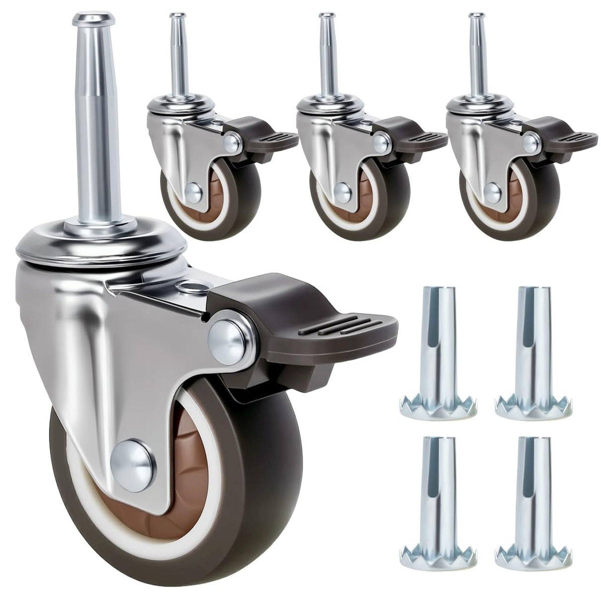 JGJC 2in non-marring rubber caster wheels on hardwood floors, quiet glide.