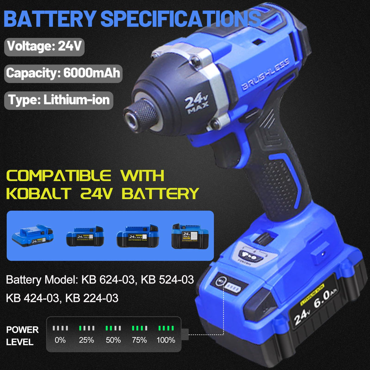 JGSPJ 6.0Ah battery for Kobalt 24V compatible with KB624-03 devices.