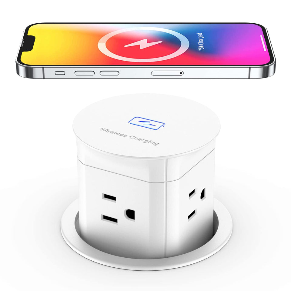 Jgstkcity pop-up outlet with 15W wireless charger on top for quick charging.