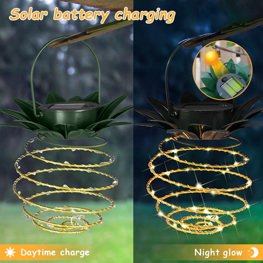 JHPGEOE Stainless steel green leaves pineapple lamp post adds tropical charm at night.