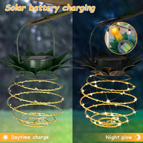 JHPGEOE Stainless steel green leaves pineapple lamp post adds tropical charm at night.