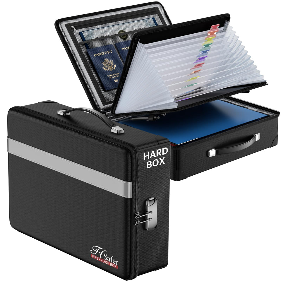 JHSafer fireproof document box front view with secure lock protects important papers