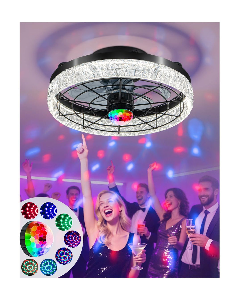 JHSYCH disco ceiling fan with lights displaying vibrant modes for festive gatherings.
