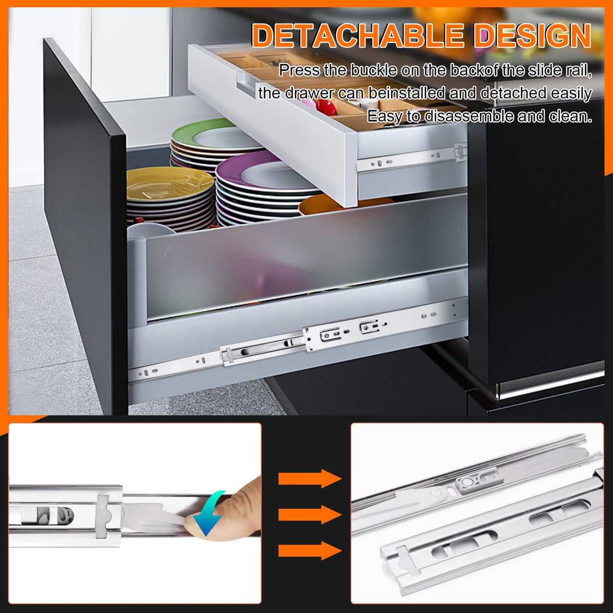 100 lb capacity per pair supports heavy kitchen, wardrobe, and tool drawers.