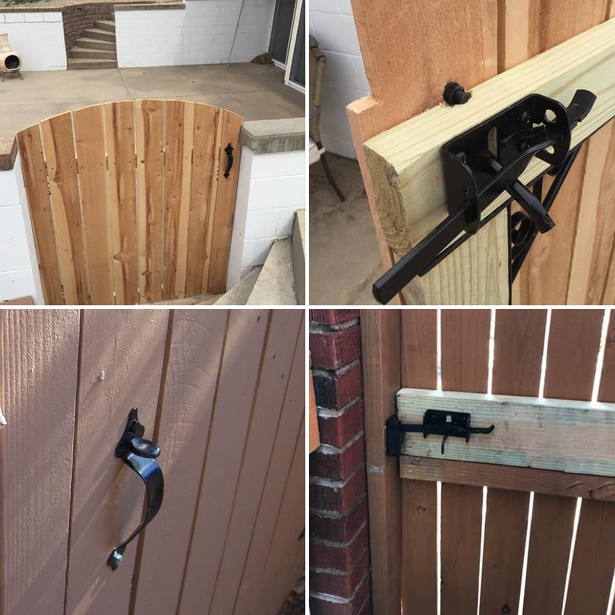 JIAHOO gate latch kit installed on inward and outward swinging gates.