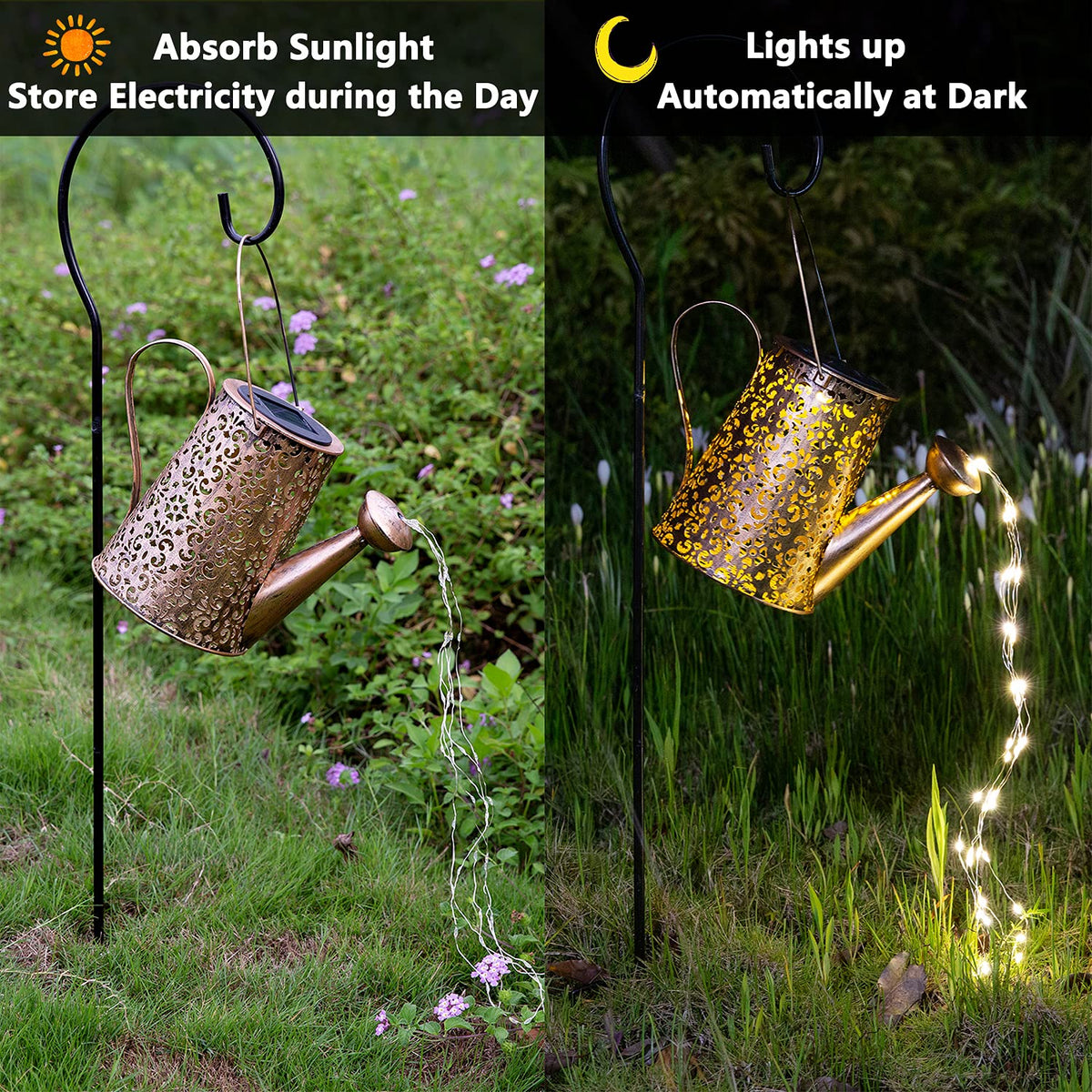JIAJIAMEI garden light mounted on shepherd hook for easy outdoor setup.