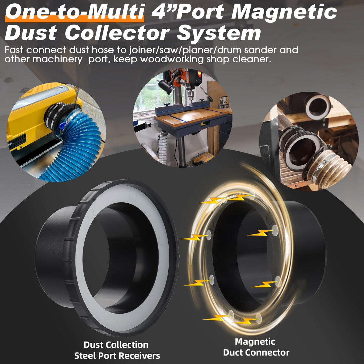 JIANBENKJ magnetic receivers lock onto 4in dust ports for easy swap.