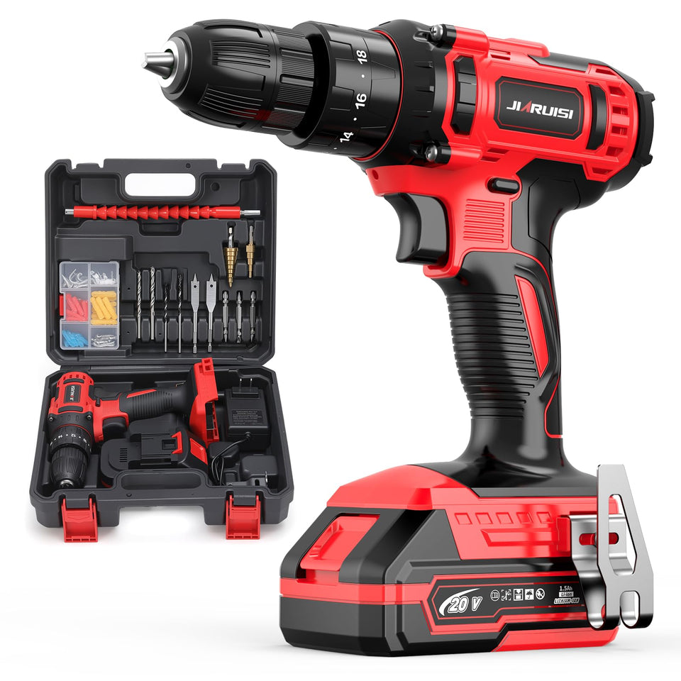 JIARUISI 20V cordless drill with battery charger, ready for quick home projects.