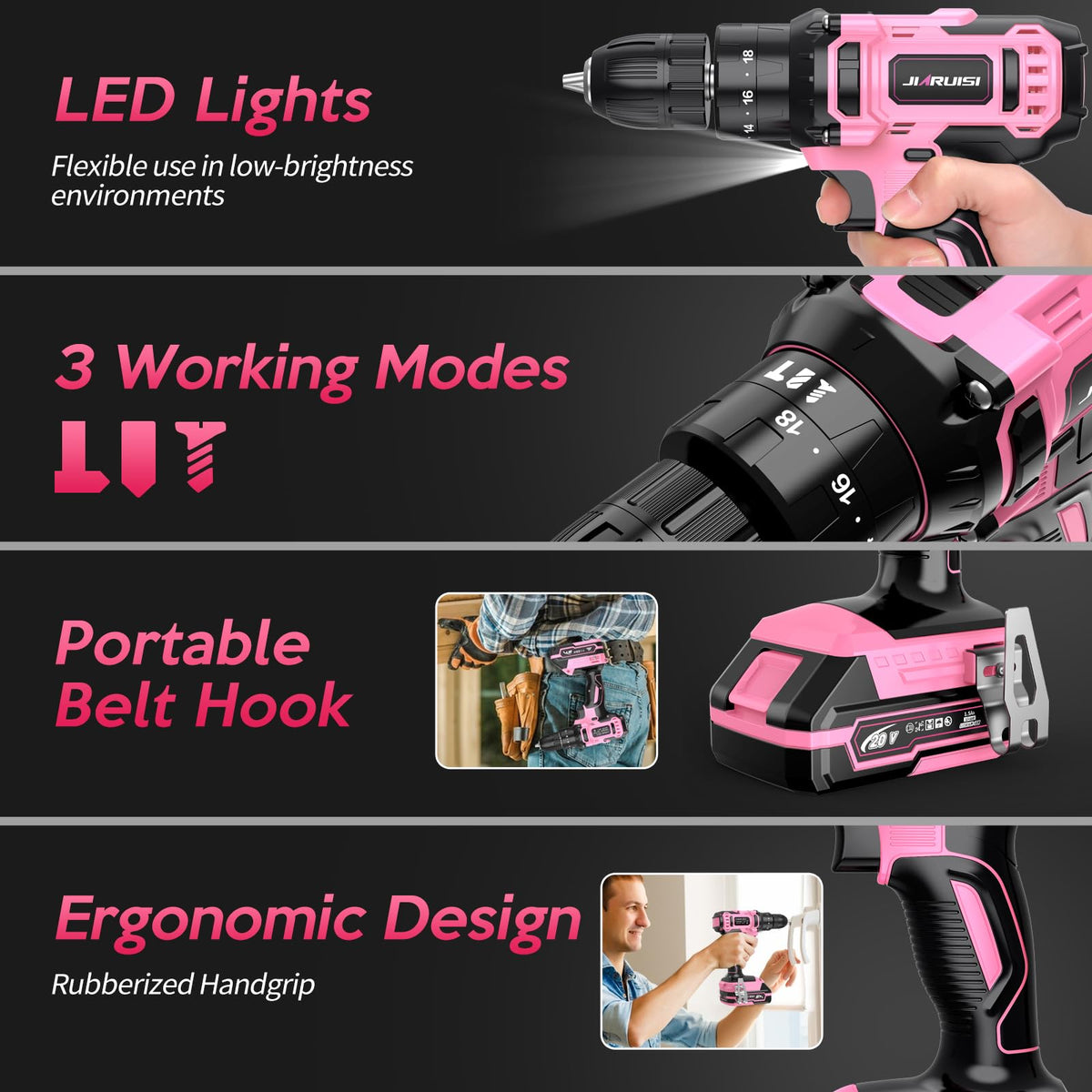 JIARUISI 3-8 keyless chuck enables fast bit changes during work.