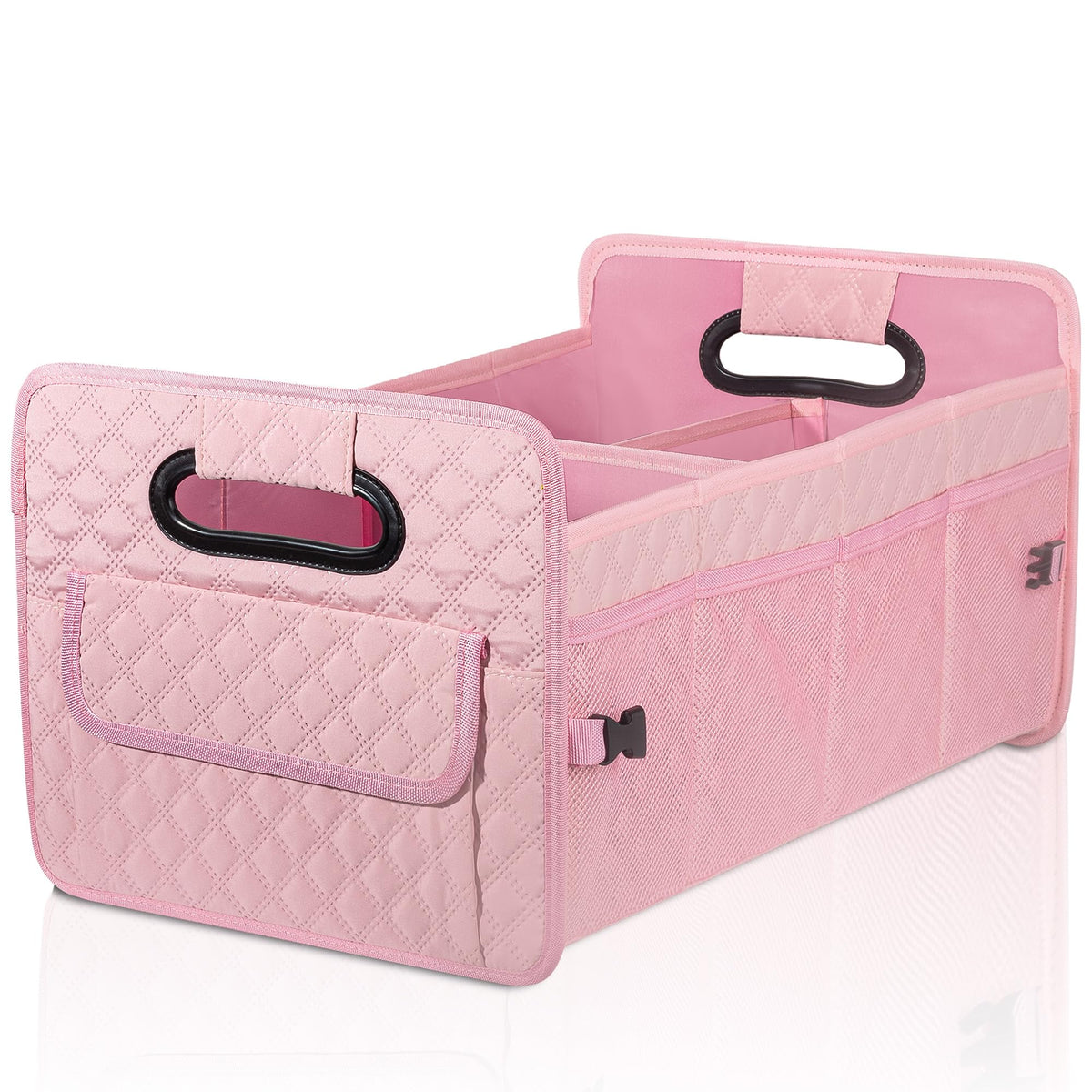 JiatuA car trunk organizer in an SUV helps keep items neatly sorted and accessible.